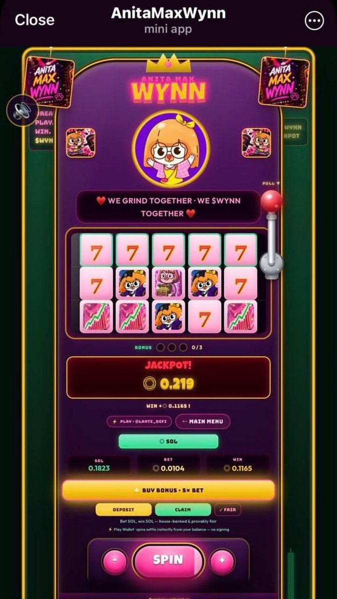 Bentley_ozee's tweet photo. @MrWhale The gameplay mechanic is what caught my attention.

Each spin is designed to trigger an automatic purchase of $WYNN, with those purchased tokens then locked on Streamflow.

An interesting approach for a Telegram game.

@WYNNCommunity https://t.co/wgBxyC0kWO
