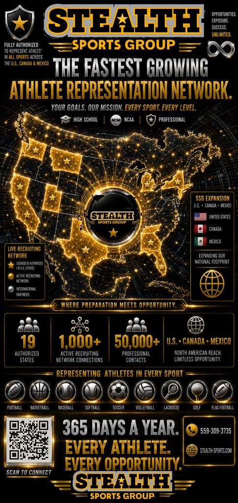 D_ssg1's tweet photo. 🚨Unlock your athletic future with Stealth Sports Group — 19 states, 1,000+ recruiting connections, 50,000+ pro contacts. 
Opportunity starts here. 
Stealth Sports Group delivers real connections and real results. 
Scan. Connect. Elevate‼️ https://t.co/QTa6lIWgJx