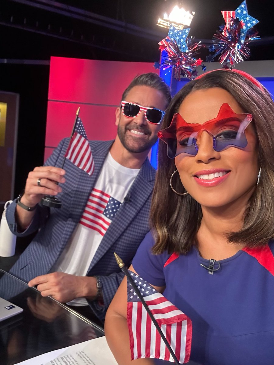 ShibaRussell's tweet photo. Your July 4th 🇺🇸 Fireworks Spectacular Duo!  We’re on FOX Local or wherever you stream @FOX29philly until the Braves/Mets game ends, then your local news. Happy 250th Birthday America! https://t.co/FRAf9xdZFw