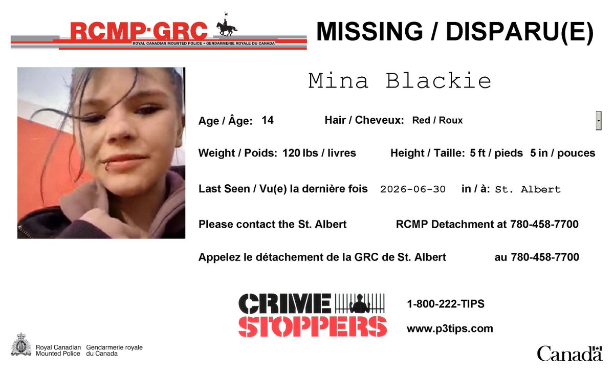 GRCAlberta's tweet photo. #Disparue: Mina Blackie, 14 ans, #StAlbert. https://t.co/44qnTCeSYd