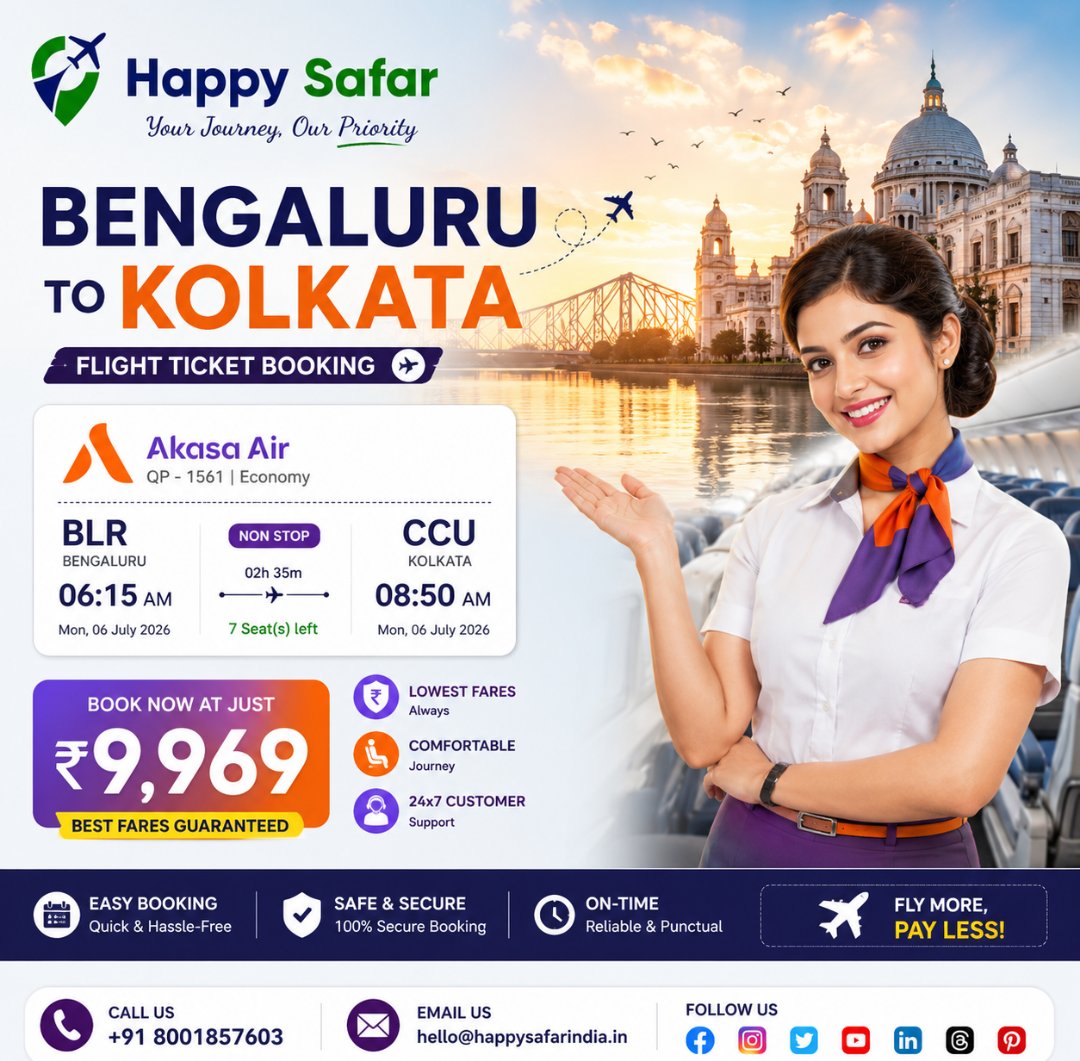 HappySafarIndia's tweet photo. Book your Bengaluru (BLR) ➜ Kolkata (CCU) flight with Happy Safar India and enjoy a seamless, non-stop journey at an unbeatable fare.
#HappySafarIndia #AkasaAir #FlightBooking #BengaluruToKolkata #KolkataFlights #DomesticFlights #BestAirfares #TravelDeals #BookNow #NonStopFlight https://t.co/Ck3GIFcg1w
