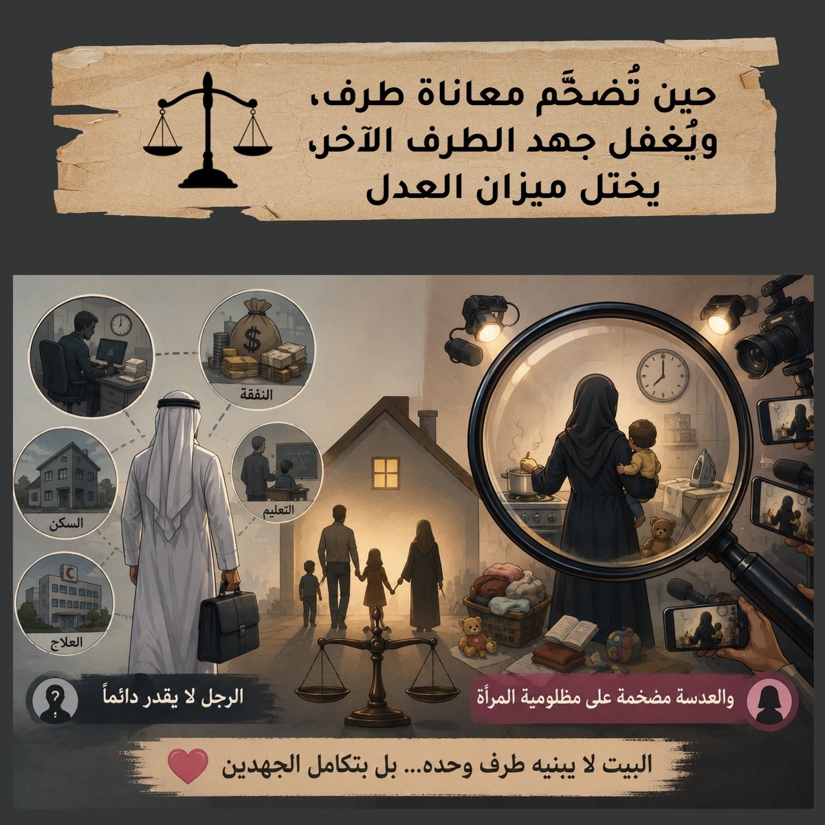 lolo_5066's tweet photo. حين تتحول الأسرة إلى صراع مظلوميات

يلاحظ المتابع لكثير من الإعلانات والأعمال الدرامية تكرار مشهد واحد: زوجة منهكة تتحمل أعباء البيت والأطفال، يقابله زوج لا همَّ له إلا الراحة أو الترفيه.

ومع كثرة تكرار هذه الصورة، لم تعد مجرد قصة، بل أصبحت عند كثيرين الرواية التي يُنظر بها إلى الحياة الزوجية: المرأة دائمًا ضحية، والرجل دائمًا مقصر أو أناني.

ولا شك أن في الواقع نساء يُظلمن، كما أن فيه رجالًا يُظلمون، لكن الخلل يبدأ حين تتحول الحالات الفردية إلى صورة عامة تُغفل نصف الحقيقة.

فالزوج الذي يُرى جالسًا آخر النهار، أين ذهبت ساعات عمله، وضغوطه، وسعيه لتوفير النفقة، والسكن، والتعليم، والعلاج، وكل ما تقوم عليه الأسرة؟ كما أن جهد المرأة في البيت وتربية الأبناء جهد عظيم لا ينبغي التقليل منه.

المشكلة ليست في الاعتراف بتعب أحد الطرفين، وإنما في بناء تقدير أحدهما على تهميش الآخر. وهذا الخطاب لا يصنع أسرة مستقرة، بل يوغر الصدور، ويزرع المقارنة، ويحول العلاقة الزوجية من شراكة إلى منافسة في المظلومية.

أما الإسلام فلم يبن الأسرة على الصراع، وإنما على التكامل؛ لكل من الزوجين مسؤولياته وحقوقه، ويحتاج كل واحد منهما إلى أن يرى فضل الآخر قبل أن يطالب بحقه.

فالبيوت لا يحفظها تضخيم المظلومية، وإنما يحفظها العدل، والإنصاف، والشكر المتبادل. وكل خطاب يجعل أحد الزوجين خصمًا للآخر، فإنه وإن رفع شعار الإنصاف، قد يساهم في تفكيك الأسرة أكثر مما يساهم في إصلاحها.