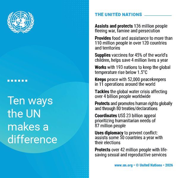 UNGeneva's tweet photo. The role of the UN is as vital today as ever.

We work for everyone, everywhere: by responding to conflict, protecting refugees, feeding the hungry, addressing the climate emergency, assisting those affected by humanitarian crises &amp; more.

https://t.co/jzGhVVmP3x https://t.co/Jv7BmR29N7