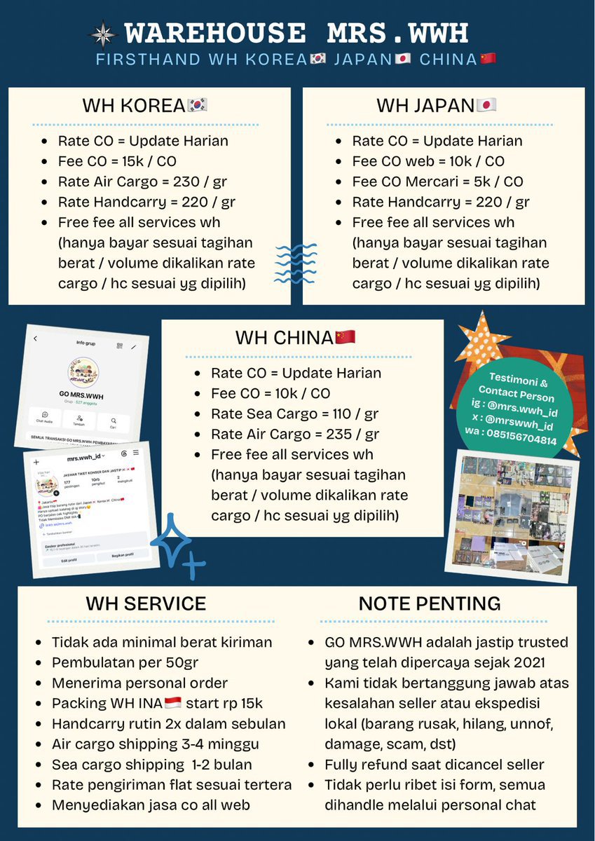 MRSWWH_ID's tweet photo. OPEN FIRSTHAND WAREHOUSE [WH] KOREA🇰🇷 JAPAN🇯🇵 CHINA🇨🇳

📦by handcarry, air/sea cargo
✅no minimum berat kiriman
✔️free fee all services wh

menyediakan jasa co all web‼️ update rate co :
🇨🇳ch rate 2675 fee 10k
🇯🇵jp rate 113 fee 10k
🇰🇷kr rate 11.98 fee 15k

🛒dm us!😍 https://t.co/f4Jb6qfn77