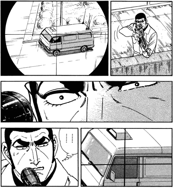 Tarohi181's tweet photo. ゴルゴは基本的に動揺して汗をかくとういうことがあまりない漫画のキャラですが、犬と車を見てちょっと汗をかくシーンは意外な一面を見た気分になれてお得感がありますね

実際、かなりピンチな状況ではあるんだ https://t.co/k6kF3JYBCw
