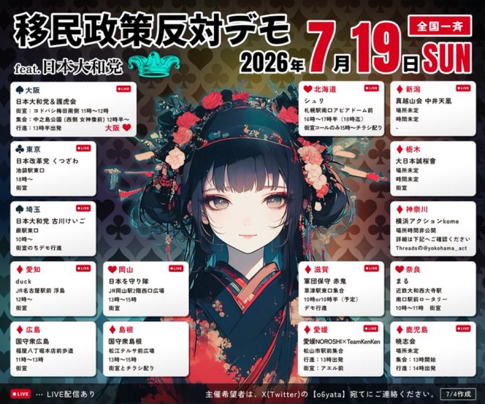 kawaiyusukeno2's tweet photo. 【ご報告】
日本大和党（河合ゆうすけ代表）の主催で全国一斉移民政策反対デモを行います。

大阪、埼玉、東京、京都の4拠点で行います！
※大阪は護虎会さんと共同で主催します。
※他のエリアで開催したい方は是非ご連絡下さい！

みんなでデモ行進で世論を作ろう！！

◾️大阪【民泊特区で大阪は移民だらけ！！移民政策反対デモ！】
7月19日日曜
・11時⭐️大阪駅のヨドバシカメラ前で街頭演説（河合ゆうすけ、あいつき龍さん、橋口和矢さん、その他の方も登壇）
・12時から15時でデモ行進（再度集合はココ→⭐️中之島公園の西側女神像前）
・16時から22時で河合ゆうすけ1日BAR店長（⭐️会場→ 〒541-0054大阪府大阪市中央区南本町1−3−23ロイヤル２０１
https://t.co/jA2NGSfr8v
    ）

◾️埼玉【蕨市の外国人比率は衝撃の14%！蕨市に移民が多すぎるので移民政策反対デモ！！】
7月19日日曜
・⭐️蕨駅東口10時スタート（古川県議とふじわらちかこ市議の街頭演説）
　デモ行進（蕨駅東口から橋を渡り蕨駅西口まで）

◾️東京
7月19日日曜
・日本改革党の沓澤亮治先生が主催！
・⭐️池袋駅東口18時スタート！！

◾️京都【オーバーツーリズムで京都が京都でなくなる！！伝統を壊すな街宣！】
7月20日月祝
・⭐️13時四条河原町の高島屋前で街頭演説（河合ゆうすけ登壇）