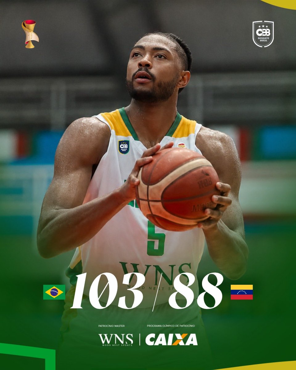 basquetebrasil's tweet photo. 𝑩𝑹𝑨𝑺𝑰𝑳 𝑽𝑬𝑵𝑪𝑬! 🇧🇷 Vitória centenária da Seleção Brasileira sobre a Venezuela nas Eliminatórias da Copa! 🔥

Brasil conquista a quinta vitória em cinco jogos na primeira fase das Eliminatórias para o Mundial de 2027. 

🏀 Bruno Caboclo • 22 pontos
🏀 Yago Mateus • 20 pontos, 13 assistências 
🏀 Gui Deodato • 15 pontos
🏀 Caio Pacheco • 11 pontos

🔛 Brasil encerra a primeira fase nesta segunda-feira, 6, contra Colômbia, às 21h10, com transmissão na CazéTV. 

Vamos em busca dos 100% de aproveitamento! 🔥
