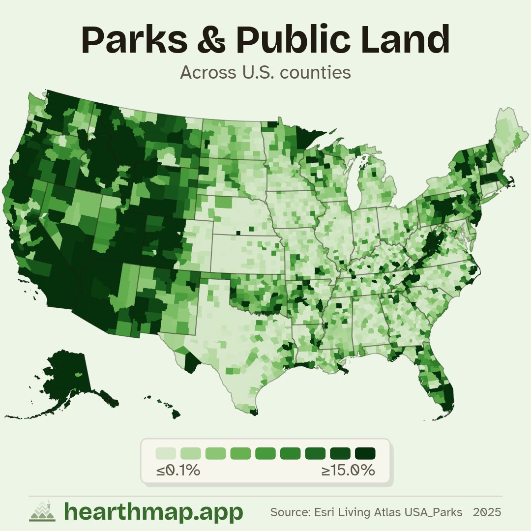 hearthmap's tweet photo. Nevada is basically one giant public land map, federal agencies hold about 80% of it, then you cross into the farm belt and Iowa or Kansas counties are nearly all private. The West runs deep green; most of the East and Midwest barely registers. Where does your county land? https://t.co/9OahTwANpS