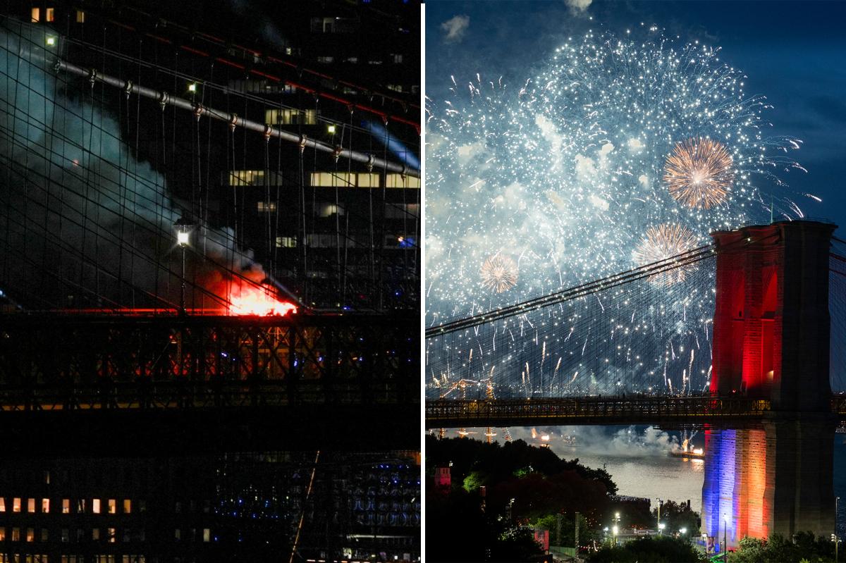 nypmetro's tweet photo. Brooklyn Bridge catches fire during Fourth of July fireworks display https://t.co/A8sCcltXsI https://t.co/7IAc2nCmPp