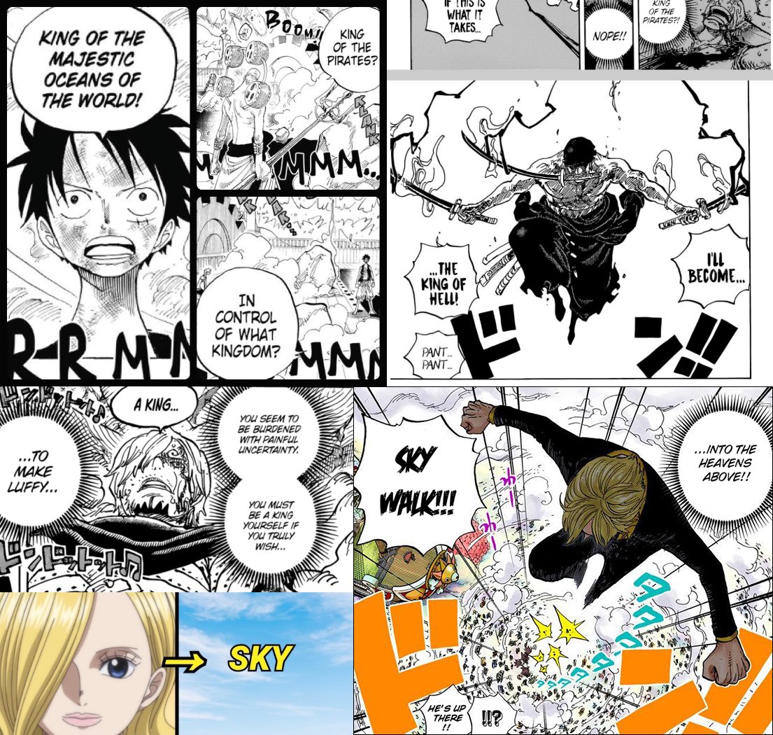 Buggy's tweet photo. #ONEPIECE

If Oda follows the theme with Luffy and Zoro who wish to be King of the Pirates (Sea) and King of Hell (beneath the Land), then Sanji may declare himself the King of the Sky/Heavens connecting back to his mother Sora and his Sky Walk 🤔 https://t.co/oAyNXC2e3f