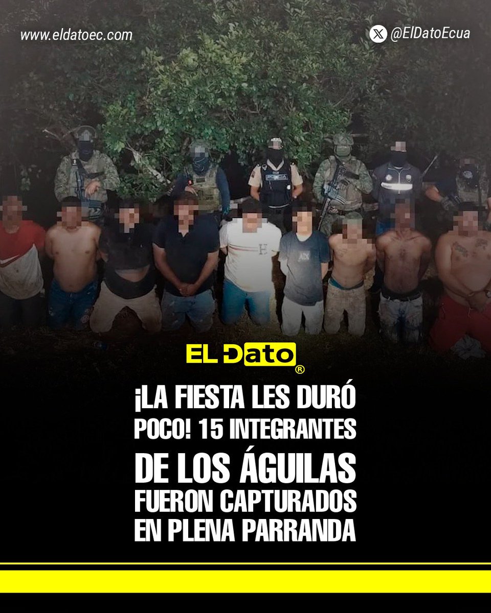 ElDatoEcua's tweet photo. #Urgente ¡LA FIESTA LES DURÓ POCO! 15 INTEGRANTES DE LOS ÁGUILAS FUERON CAPTURADOS EN PLENA PARRANDA

Lo que parecía una noche de celebración terminó con un contundente operativo policial y militar. Quince presuntos integrantes del grupo de delincuencia organizada Los Águilas fueron capturados mientras se encontraban reunidos en una fiesta, donde las fuerzas de seguridad ejecutaron una intervención que permitió su aprehensión sin darles oportunidad de escapar.

La operación representa un nuevo golpe a las estructuras del crimen organizado y demuestra el trabajo de inteligencia que desarrollan las fuerzas de seguridad para ubicar e intervenir a los integrantes de estas organizaciones, incluso cuando intentan pasar desapercibidos. El Gobierno insiste en que la presión contra los GDO continuará de manera permanente en todo el territorio nacional.

#ElDato #Política #Ecuador #Gobierno #PoliciaNacional #Seguridad #FFAA