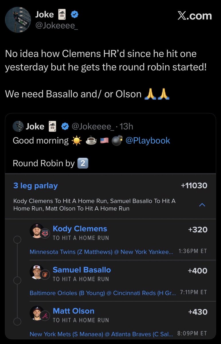 MadeHoodzy's tweet photo. @CodyJ484 Bet 1:
Kody Clemons
Samuel Basallo

Bet 2:
Kody Clemons
Matt Olson

Bet 3: 
Samuel Basallo
Matt Olson

THIS IS WHAT A ROUND ROBIN DOES ON 3 DIFFERENT PLAYER PROP BETS

You can use the round robin feature, or just bet them separately.

BET 4: would be all 3 players together… https://t.co/3kBNK84o3x