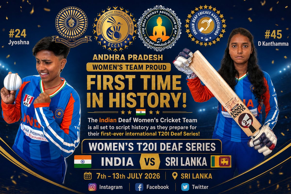 TDCAAP's tweet photo. 🏏🇮🇳 Andhra Pradesh Proud!

Congratulations to Jyoshna (Visakhapatnam) and D. Kanthamma (Anantapur) on being selected for the Indian Deaf Women's Cricket Team for the historic Women's T20I Deaf Series against Sri Lanka (7–13 July 2026).
Best wishes, Team India! 🇮🇳 https://t.co/6lsAnIqJ5l