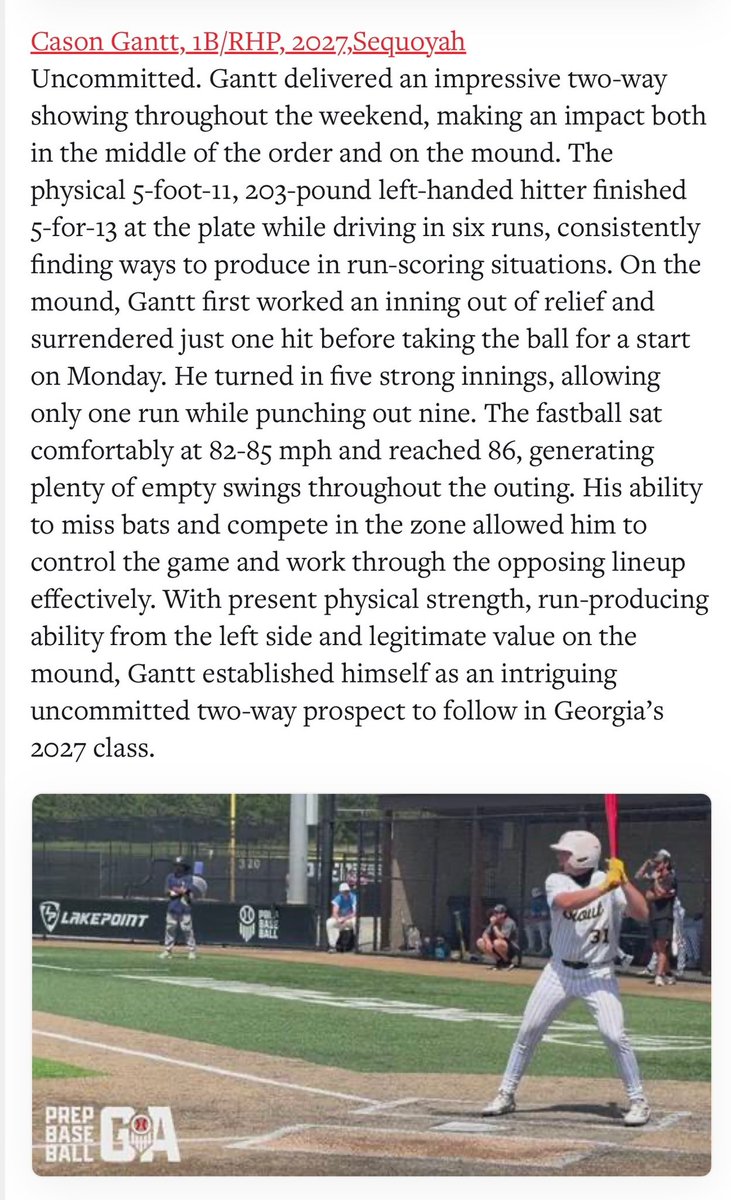 Cason_Gantt31's tweet photo. Thank you for the write up from a couple weeks ago! appreciate the shout out!  @PrepBaseballGA @Hudson_PBR @IanSmittyGA @AveryFouts24 https://t.co/Go8lxwf6Ad