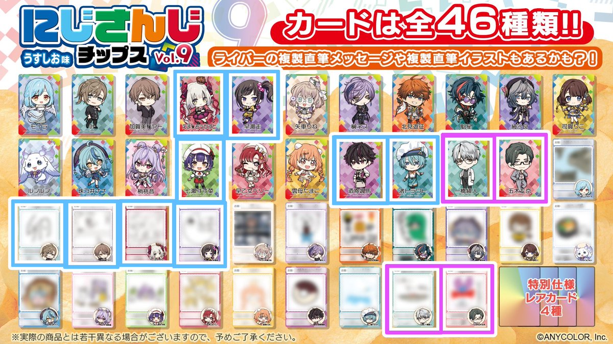 koookan_ta's tweet photo. 【交換】
 にじさんじチップス vol.9  9弾 ダイカット ステッカー カード

 【求】
画像1〜2枚目の方(4枚目赤枠)

【譲】
画像4枚目青枠の方

可能な限りまとめて希��・郵送のみ
※当方も募集されている方々にお声がけさせていただく予定です。
先に決まりました場合はご了承ください。 https://t.co/25Y55x4e46