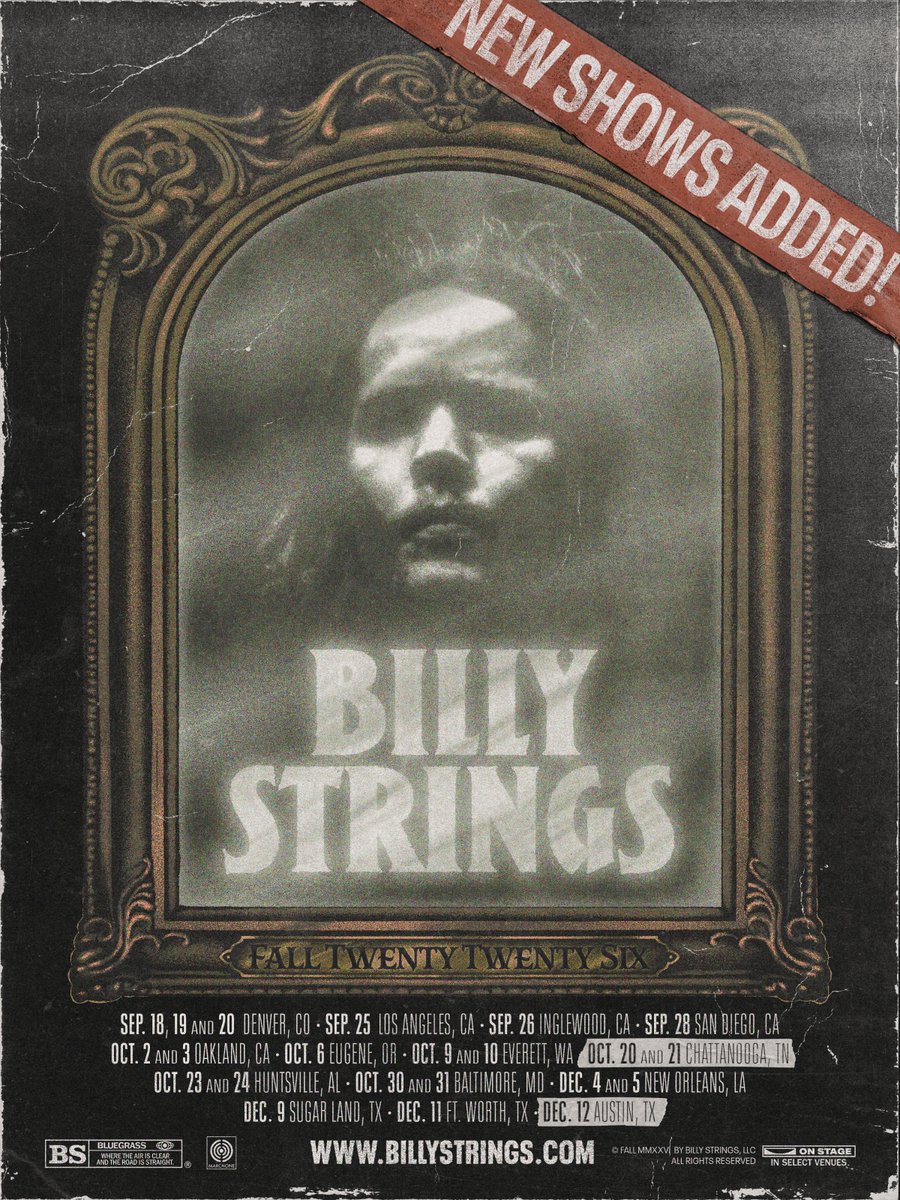 BillyStrings's tweet photo. We added a couple of Fall dates to round out 2026 🤠

October 20-21: Tivoli Theatre in Chattanooga, TN
→ Locals only presale will occur on July 7 from 10a - 10p ET
→ Ticketmaster request will run from July 8 at 10am ET through July 13 at 11:59pm ET
*Locals only presale will be limited by zip code within 20 mile radius of venue

December 12: Moody Center in Austin, TX
→ Sign up for presale now
→ Presale begins July 8 at 10am CT
→ Public onsale July 10 at 10am CT