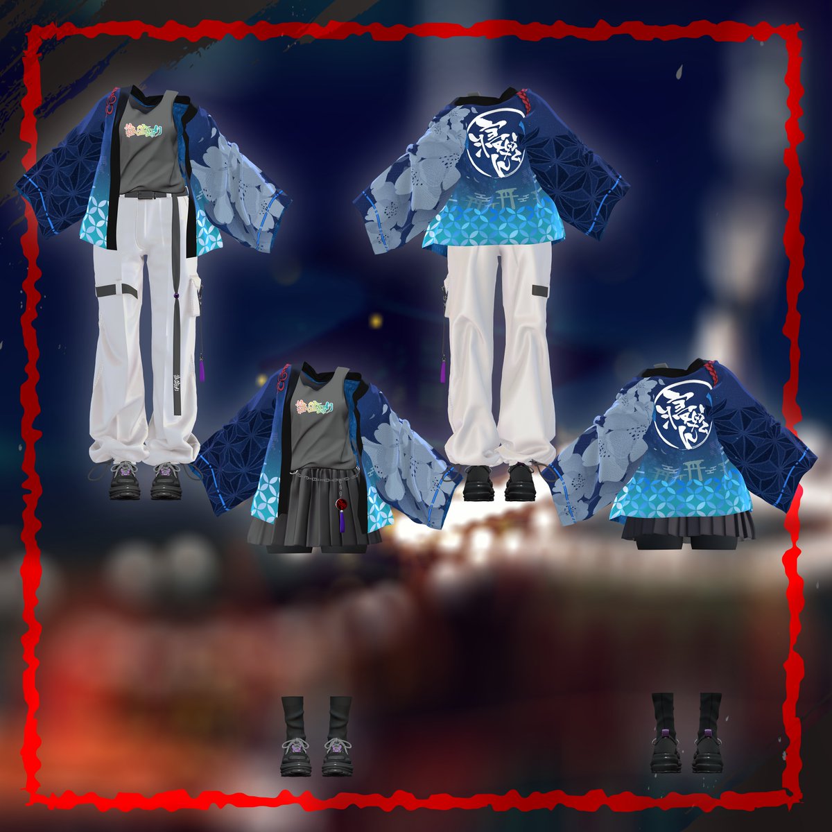 qukumu_vr's tweet photo. 【期間限定・無料配布】
超!寝転ん盆踊り × QUKUMU CLOSET コラボ!!
今年も法被をBOOTHにて公開しました！

カーゴパンツスタイル／スカートスタイルの2種類入り。
お祭りの空気をまとって、みんなで盆踊りへ。
夏の夜を、法被姿で楽しみましょう！

▼BOOTH
https://t.co/NcxRnfBYqd