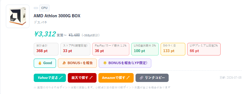 ZUNDALAB2025's tweet photo. YahooドスパラでAMD Athlon 3000Gが約3,000円...円高時代のCeleronくらい安くて笑っちゃいますね🤣
https://t.co/h72CnWHihY

#自作PC #PCパーツ #CPU https://t.co/eQySwcxsrV