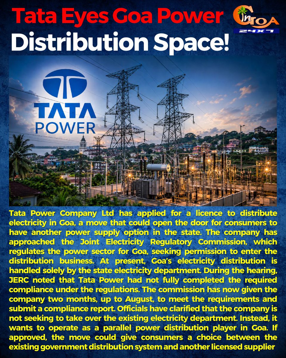 InGoa24x7's tweet photo. Tata Eyes Goa Power Distribution Space!
.
.
#Goa #GoaNew #GoaPower #Electricity https://t.co/RrOxm1JIyx