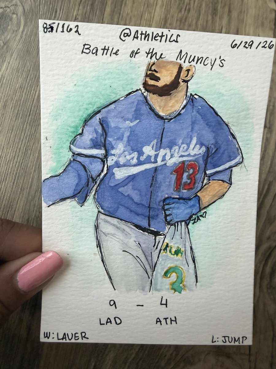 ZoeAdriel's tweet photo. A small painting every dodger game.

MAX MUNCY BATTLE. 

finally onto The A’s series! 

Was trying to find ways to include other Max Muncy for this painting without actually painting him. and I figured my Max Muncy snatching his jersey was the funniest option. https://t.co/IRloY9fpj7