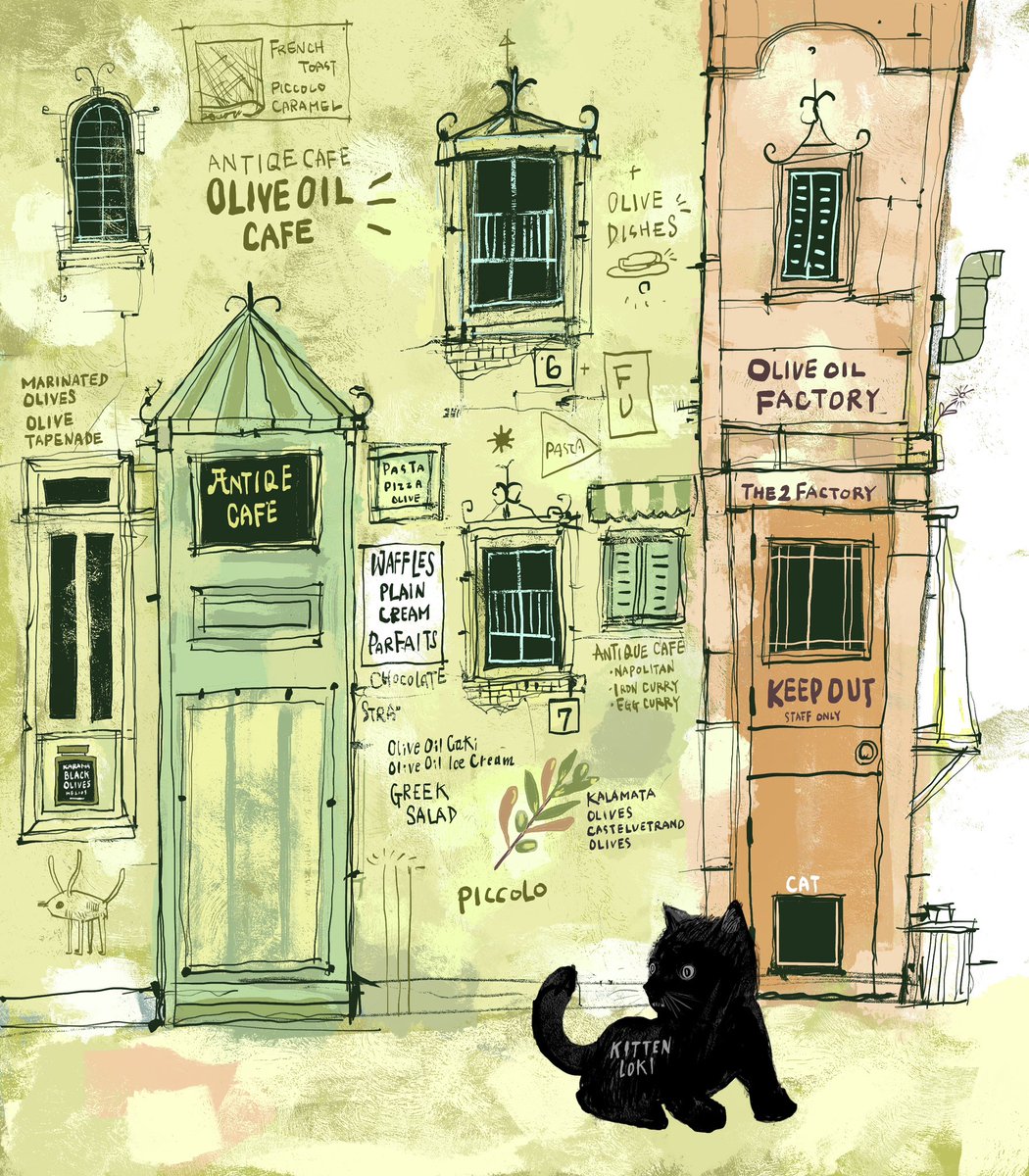 Graphicer_norio's tweet photo. オリーブ色のアンティークカフェ
仔猫の頃のロキ
黒オリーブ工場
#illustration #cat #catlove #art 
#childrenbook #olive https://t.co/QbSdfUjVCv