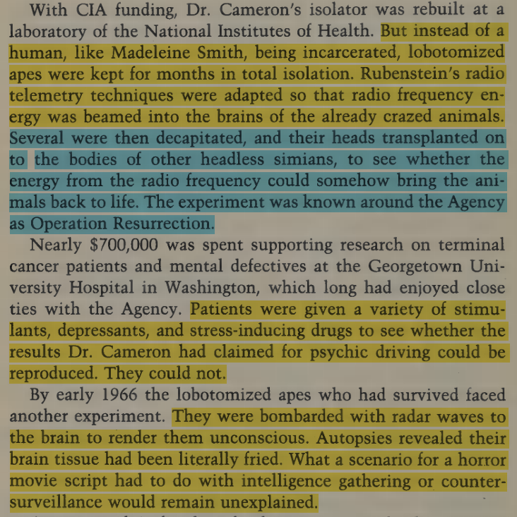 toxictiramisu's tweet photo. MKULTRA Operation Resurrection, led by Dr. Gottlieb, lobotomized apes, isolated them for months, bombarded their brains w/ radar waves, decapitated them &amp; transplanted their heads onto the bodies of other headless apes to test whether radio frequency energy could reanimate them. https://t.co/PH97uvUtTd