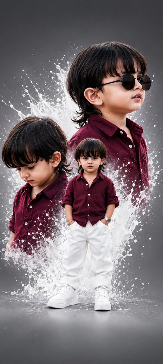 Zarnab_with_Ai's tweet photo. Made with GPT image 2. On chatgpt prompt 👇 

A hyper-realistic premium studio portrait collage of a stylish little boy with medium-length black hair and fair skin, wearing a deep maroon button-up shirt, white loose-fit pants, and clean white sneakers. The composition features three versions of the same child: one large side-profile wearing black round sunglasses with a confident expression, one large portrait looking downward thoughtfully, and one full-body front-facing pose standing casually with hands in pockets and wearing a silver wristwatch. The background is a smooth dark gray studio backdrop with dramatic white liquid splash effects artistically surrounding all three portraits, creating a luxury fashion editorial look. Soft cinematic studio lighting, ultra-detailed facial features, realistic skin texture, sharp focus, high contrast, premium color grading, shallow depth of field, photorealistic, 8K, masterpiece, fashion magazine cover style.