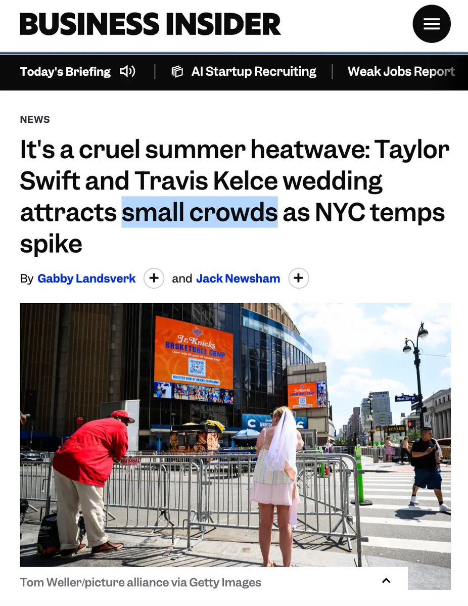 Oupa661922's tweet photo. Swifties calling Taylor Swift &amp; Travis Kelce's wedding America's "Royal Wedding" is giving me 2nd hand embarrassment

The way Taylor expected large crowds outside MSG to show up &amp; cheer when the "JUST&amp;T Married" billboards finally lit up 💀

So many metal barricades for WHAT?! 😂 https://t.co/Lnx0KMpbJd