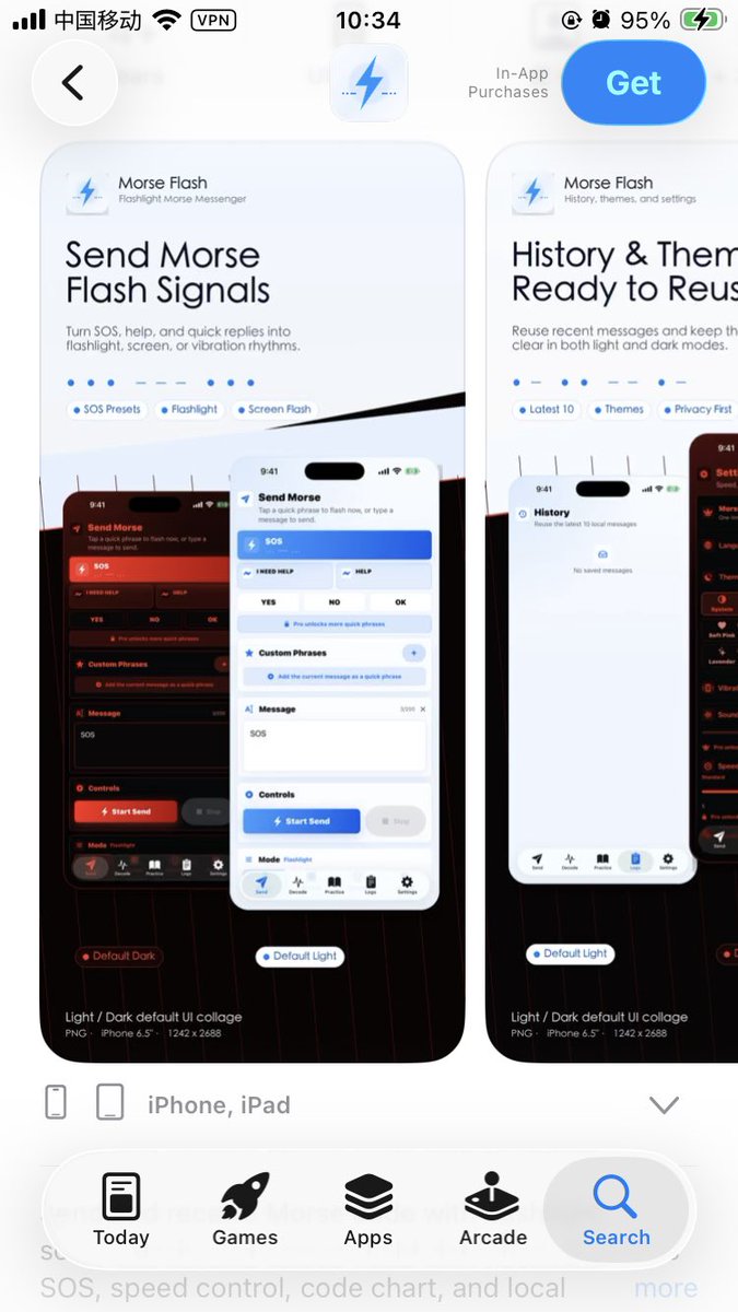 Savepoint_kk's tweet photo. I made a small app called Morse Flash.

It sends Morse code with flashlight/screen flash, and can also use the camera to try decoding light signals.

Just a fun little tool. If you’re interested, you can download it on the App Store and give it a try. Bug reports are welcome 🙏 https://t.co/R8rgO6O5Sf
