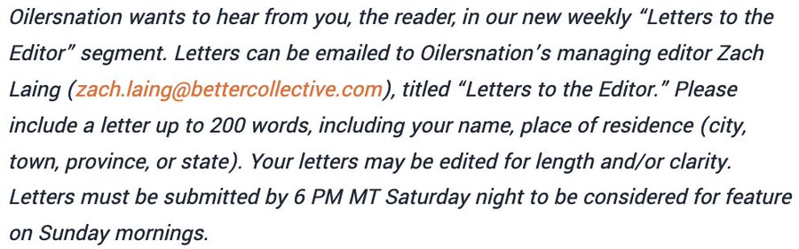 zjlaing's tweet photo. i'm looking for your letters to the editor for the next article on @OilersNation! hit me up in my email zach.laing@bettercollective.com. https://t.co/CXk8lafLHC