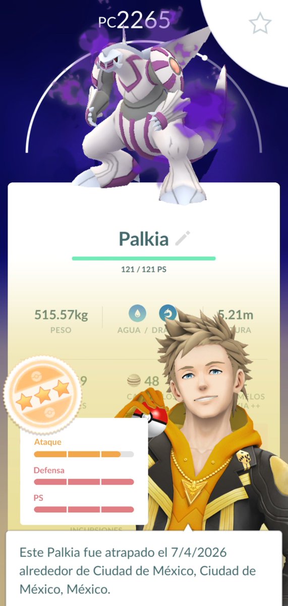 Danie_HS's tweet photo. Lo único bueno fue que, ya desanimado y aprovechando que había Community Day, nos pusimos a jugar Go e hicimos una incursión en dónde me salió este Palkia, que si purifico se vuelve perfecto. c: https://t.co/RIz2pGmYib