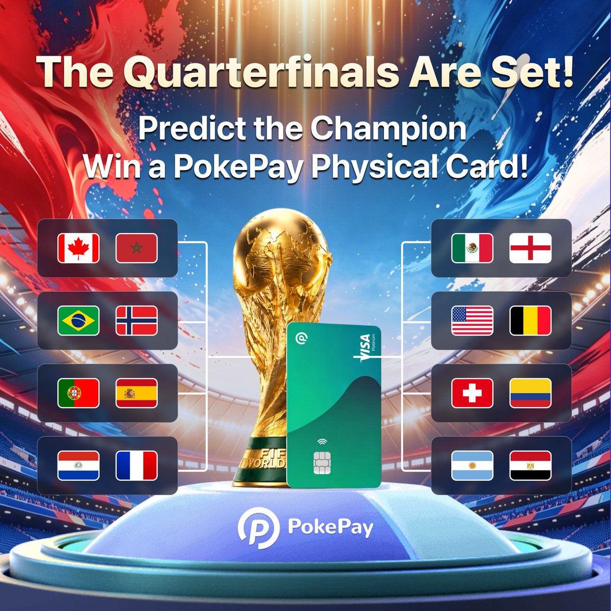 PokePayGlobal's tweet photo. ⚽️🏆 Predict the Champion & Win a PokePay Physical Card!

Who will lift the World Cup trophy? 👀

🎁 Correctly predict the champion and receive a FREE PokePay Physical Card (worth 88 USD)!

✅ How to enter:
1️⃣ Follow @PokePayGlobal & @PokePayFinance
2️⃣ Like ❤️ & repost this post
3️⃣ Comment with: Your predicted champion + PokePay ID + Tag 3 football fans

📅 Deadline:July 9, 24:00 (UTC+8)

🏆 After the final, everyone who correctly predicts the champion will receive a PokePay Physical Card!

Back your favorite team and join the challenge! 🚀

#PokePay #FIFA