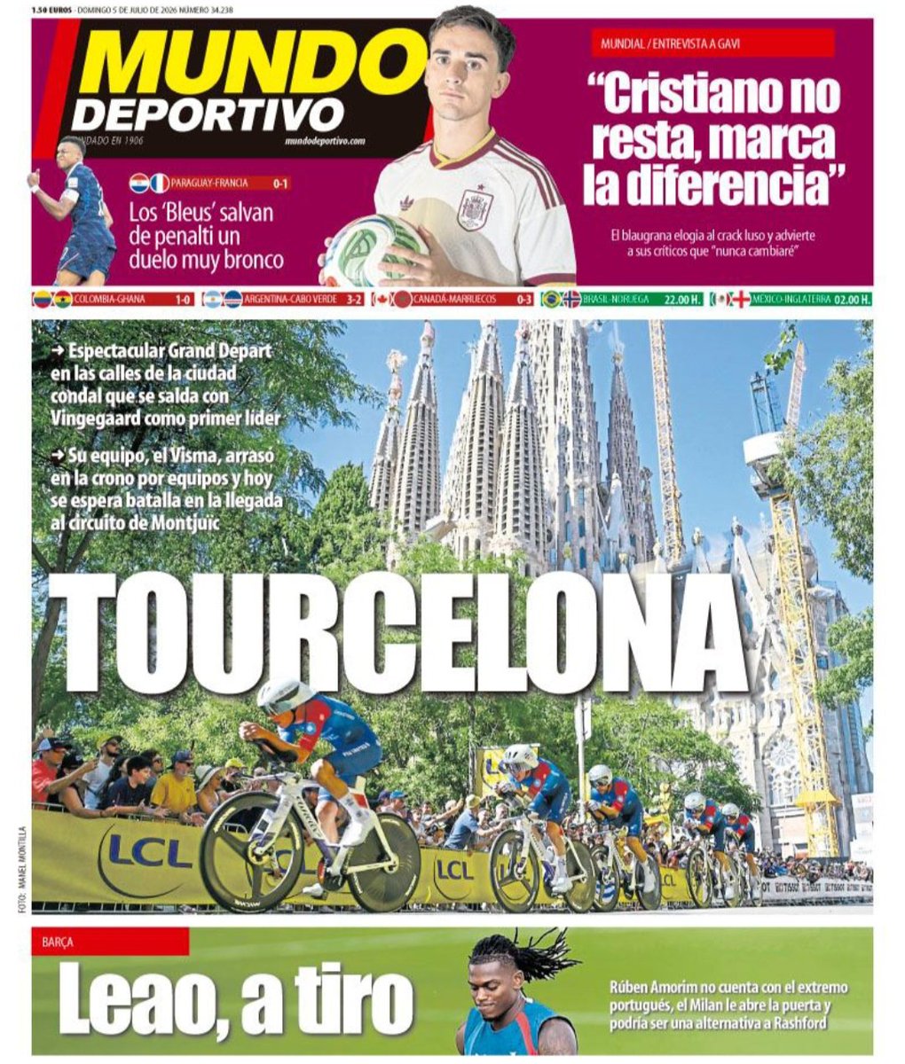 TodoDeport39783's tweet photo. Portada Mundo Deportivo 
Domingo 05-07-2026 https://t.co/FB2ylckosS