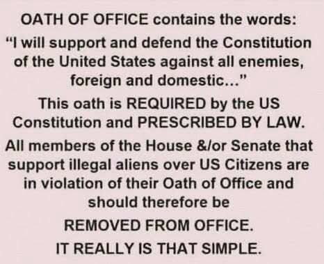 Sassafrass_84's tweet photo. The United States is a Constitutional Republic. Not a popularity contest or open border free-for-all.

Our elected officials swear an Oath of Office to “support and defend the Constitution of the United States against all enemies, foreign and domestic.” That’s not optional. It’s required by the Constitution and prescribed by law.

Yet too many in the House and Senate are actively choosing illegal aliens over American citizens—our veterans, our families, our workers, our communities. They’re violating their sworn duty.
If they won’t uphold the Constitution, they have no business holding office. Removal is the remedy.

It really is that simple.

We the People must demand accountability.

Our Republic depends on it.