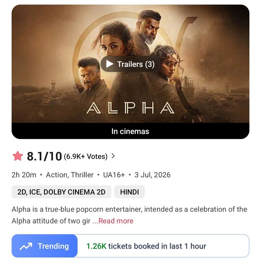 SfrRollins's tweet photo. #WelcomeToTheJungle and #Alpha are trending in a similar range right now. 🔥

With the weekend kicking in, a strong turnout from family audiences is expected today. 🎬🍿

@akshaykumar @aliaa08 @bookmyshow @yrf @starstudio18_  @DishPatani @TandonRaveena https://t.co/9t20GCSbPb