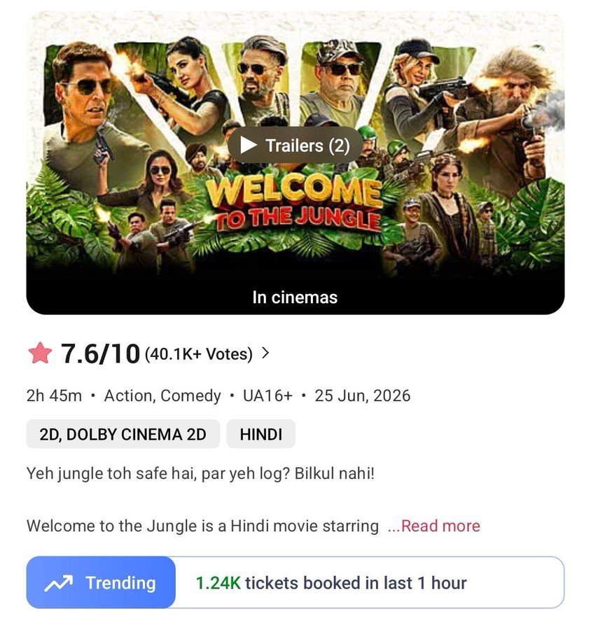 SfrRollins's tweet photo. #WelcomeToTheJungle and #Alpha are trending in a similar range right now. 🔥

With the weekend kicking in, a strong turnout from family audiences is expected today. 🎬🍿

@akshaykumar @aliaa08 @bookmyshow @yrf @starstudio18_  @DishPatani @TandonRaveena https://t.co/9t20GCSbPb