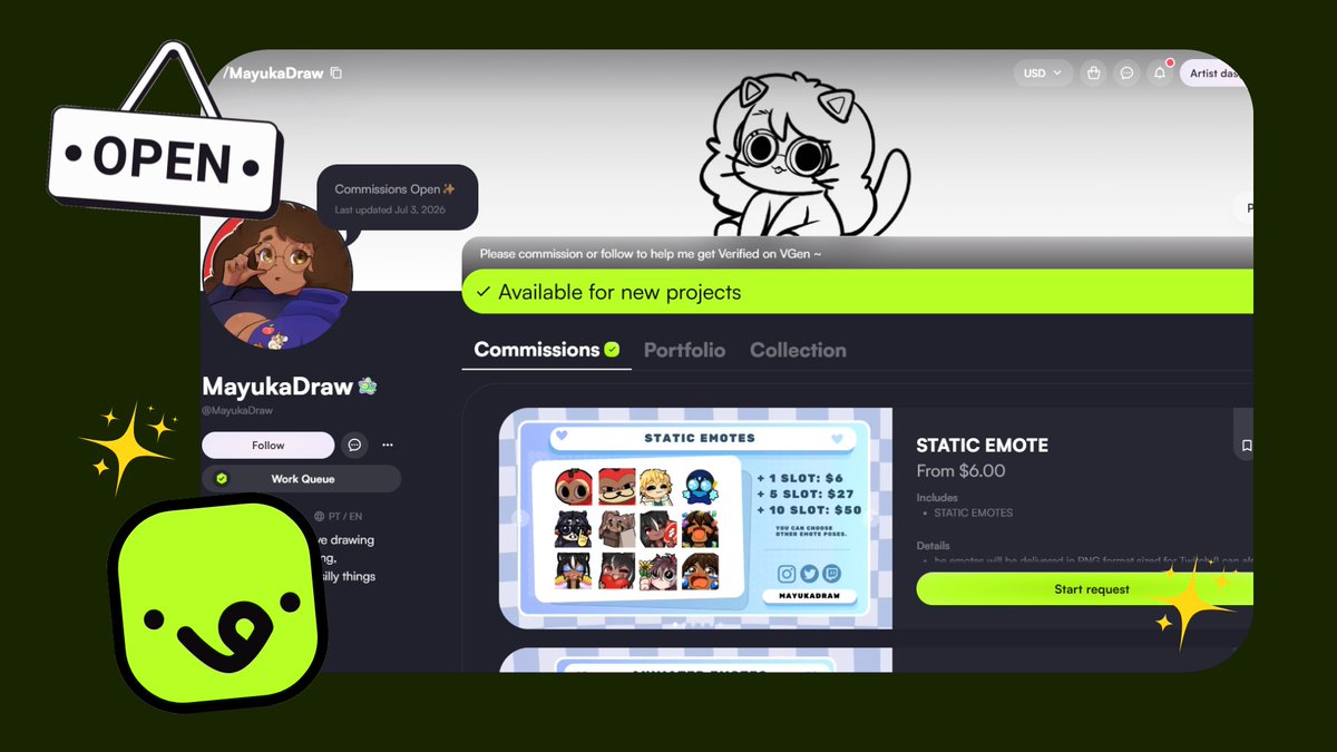 MayukaDraw's tweet photo. I'm back to taking commissions via Vgen! If you need emotes, feel free to reach out to me there (please place your orders through the platform if possible) 💚 

https://t.co/TdXFOMKRuk https://t.co/hVCRziEnMr