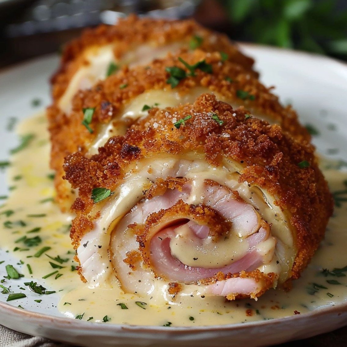 ann_ann886's tweet photo. Crispy Creamy Chicken Cordon Bleu

Ingredients
4 boneless, skinless chicken breasts
4 slices deli ham (thin but sturdy)
4 slices Swiss or Gruyère cheese
Salt and black pepper
1/2 tsp garlic powder
1/2 tsp paprika
1/3 cup all-purpose flour
2 large eggs, beaten with 1 tbsp water
1 1/2 cups panko breadcrumbs
2 tbsp grated Parmesan (optional, extra crisp)
2–3 tbsp neutral oil, plus 1 tbsp butter (for pan‑searing) or use air fryer/oven-only method
Creamy Dijon Sauce
2 tbsp butter
2 tbsp flour
1 cup milk (or 1/2 cup milk + 1/2 cup chicken broth)
1 tsp Dijon mustard (up to 2 tsp to taste)
1 tsp lemon juice
1/4 cup grated Parmesan (optional but great)
Pinch of salt, pepper, and paprika

Instructions
Prep the chicken
Butterfly each breast horizontally, keeping one long edge attached; open like a book and gently pound to an even 1/4–1/3 inch thickness between parchment.
Season both sides with salt, pepper, garlic powder, and paprika.
Fill and roll
Lay a slice of cheese then ham on each cutlet (keep fillings 1/2 inch from the edges).
Roll up tightly, tucking in sides like a burrito. Secure with 2–3 toothpicks each or kitchen twine. Chill 10 minutes to help set the shape.
Breading station
Bowl 1: flour. Bowl 2: beaten eggs. Bowl 3: panko + Parmesan + a pinch of salt.
Dredge each roll: flour → egg → panko, pressing crumbs to adhere. Rest 5 minutes.
Cook options
Skillet + oven (super crispy): Heat oven to 400°F/200°C. In an oven-safe skillet, warm 2–3 tbsp oil with 1 tbsp butter over medium-high. Sear rolls 1–2 minutes per side until golden. Transfer skillet to oven and bake 15–18 minutes, until internal temp reaches 165°F/74°C.
Oven only: Place on a rack over a sheet pan, mist with oil, bake 20–25 minutes at 425°F/220°C until crisp and cooked through.
Air fryer: 380°F/193°C for 14–18 minutes, turning once; lightly spray with oil.
Make the creamy Dijon sauce
In a small saucepan, melt butter over medium heat. Whisk in flour; cook 1 minute.
Slowly whisk in milk (and/or broth) until smooth. Simmer 2–3 minutes to thicken.
Off heat, whisk in Dijon, lemon juice, Parmesan, salt, pepper, and a pinch of paprika. Keep warm; thin with a splash of milk if needed.
Serve
Remove toothpicks. Slice each cordon bleu into rounds. Spoon warm creamy Dijon sauce over the top. Finish with chopped parsley.

Tips and variations
Cheese swap: provolone or mozzarella works; Gruyère gives classic nutty flavor.
Extra-crunch trick: double-dip the end seams in egg/panko to seal.
Make ahead: assemble and bread up to 1 day ahead; keep chilled. Cook just before serving.
Gluten-free: use GF flour and breadcrumbs.
Add garlic-herb butter: spread 1–2 tsp softened herb butter inside before rolling for richer flavor.