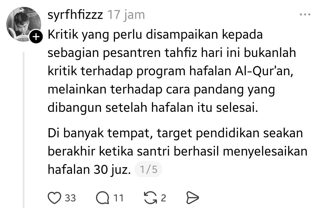 BilalFahrur's tweet photo. Saya sudah menjadi pengajar di pondok tahfidz sejak 2015 dan faktanya adalah ...

Menanamkan akhlak karimah dan ilmu keislaman yang mendalam itu lebih sulit daripada menghafal. https://t.co/U3J7BrYQ7i