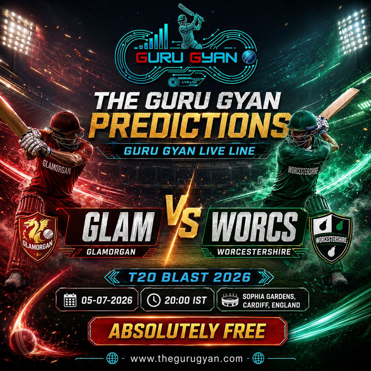 TheGuruGyanAI's tweet photo. Get Ready for #T20Blast2026 Match
#Glamorgan vs #Worcestershire
TODAY at 20:00
Live Score & FREE Predictions:
https://t.co/RuOZ7UyGAp
#TheGuruGyan #LiveLine #FreeCricketPredictions #GLAM #WORCS
Read full article: https://t.co/RuOZ7UyGAp
#TheGuruGyan https://t.co/swXCNWdWHN
