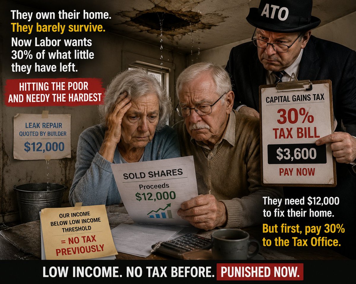 Richard01357064's tweet photo. 🚨 LABOR'S 30% CGT TAX WILL HIT SOME OF AUSTRALIA'S POOREST. 🚨

⚖️ IT ABANDONS A CORNERSTONE OF AUSTRALIA'S INCOME TAX SYSTEM — TAX ACCORDING TO YOUR ABILITY TO PAY. ⚖️

Look at this couple.

They own their modest home.

Their income is below the tax-free threshold.

The roof is leaking and repairs cost $12,000.

They sell a few shares they have carefully saved over a lifetime...

...only to discover Labor now wants 30% Capital Gains Tax before they can fix their home.

That's not fairness.

That's punishing responsible Australians.

Why Labor's new CGT matters:

🔴 Low-income Australians can now pay a 30% tax on modest capital gains even when they pay little or no income tax.

🔴 Complex new rules mean accounting costs may exceed the profit from small investments, making compliance expensive and discouraging honest taxpayers.

🔴 Higher taxes discourage investment, reducing productivity, jobs, wages and economic growth.

🔴 Less investment means fewer new homes, putting even more pressure on housing affordability and rents.

🔴 The Government is abandoning the long-standing principle that tax should reflect a person's overall capacity to pay.

Australia should reward people who:

✅ Save.
✅ Invest.
✅ Prepare for retirement.
✅ Take responsibility for their own future.
Not punish them when they need their savings most.

A tax system should be:
⚖️ Fair.
📜 Simple.
🏛️ Predictable.
📈 Pro-growth.

Not a trap for pensioners and ordinary Australians.

🗳️ Support parties committed to reversing these unfair CGT changes and restoring a tax system that rewards aspiration, investment and productivity—not punishes it.

#auspol #CapitalGainsTax #TaxReform #Retirement #Pensioners #Productivity #LowerTaxes #EconomicFreedom #PropertyRights #SmallBusiness #Housing #Prosperity #Libertarian #LPQ