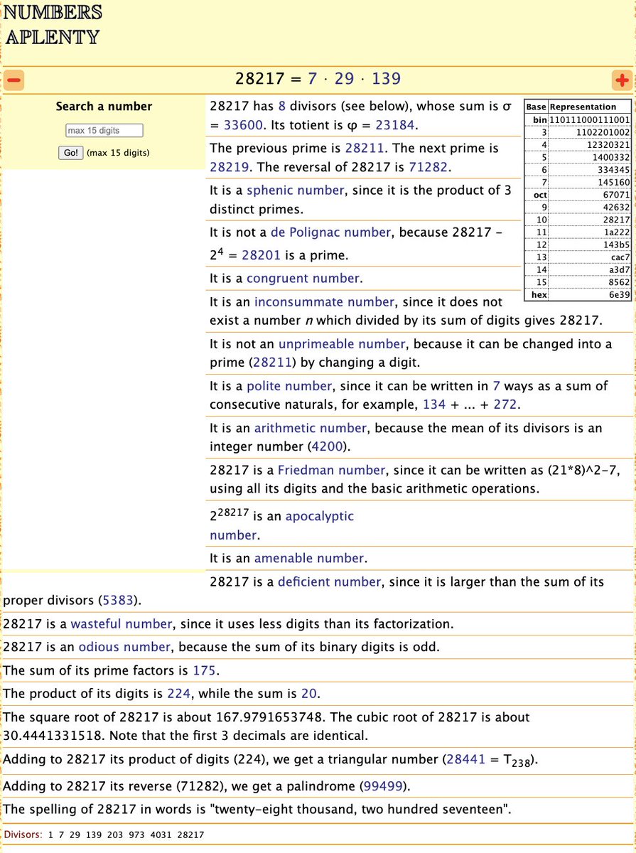 SeanReeves's tweet photo. 28217: 7 * 29 * 139

Sphenic number that is reversible (71282 = 2 * 29 * 1229) and also the start of a run of eight sphenic numbers derived using surface area --> volume of sphenic brick conversions; Friedman number (21*8)^2-7.

https://t.co/acg720vLAw
https://t.co/VQBkWsXtwl https://t.co/FGQIiq2jV5