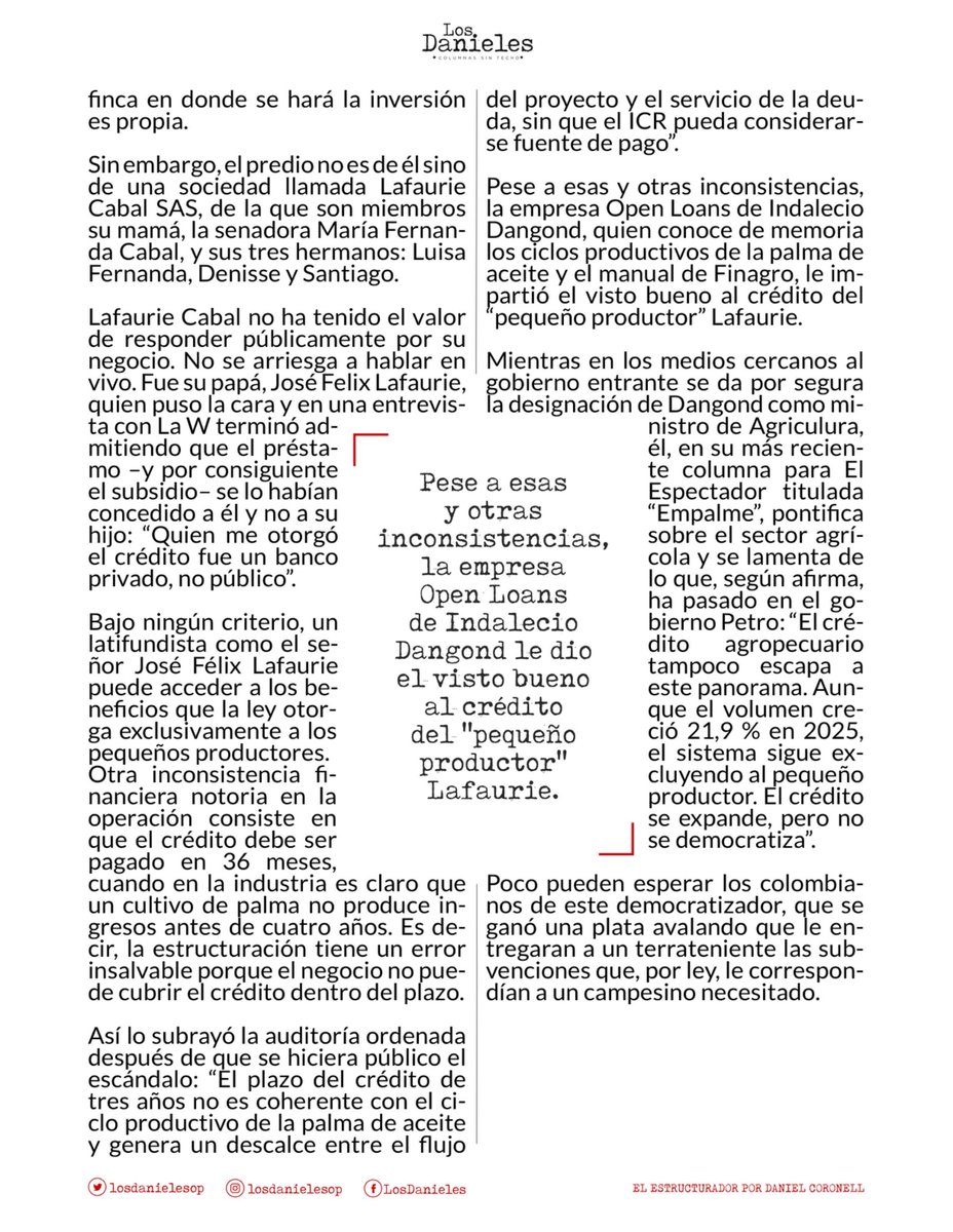 cesarusa5's tweet photo. #ElEstructurador por @DCoronell  Pese a esas y otras inconsistencias, la empresa Open Loans de Indalecio Dangond le dio el visto bueno al crédito del "pequeño productor" Lafaurie. #LosDanieles @losdanieles https://t.co/37UbXs8Z89