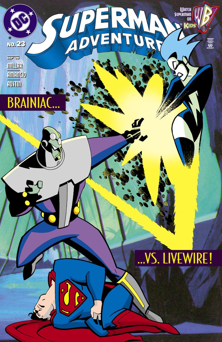 worldsfinest's tweet photo. Superman Adventures #23 hit shelves this month (on July 8) in 1998 from DC Comics! Written by Mark Millar with art by the incredible Aluir Almancio, the fantastic "War Games" two-parter closes strong as Superman and Livewire team-up to take down Brainiac! #SupermanTAS #Superman https://t.co/nhsd0KeDy5