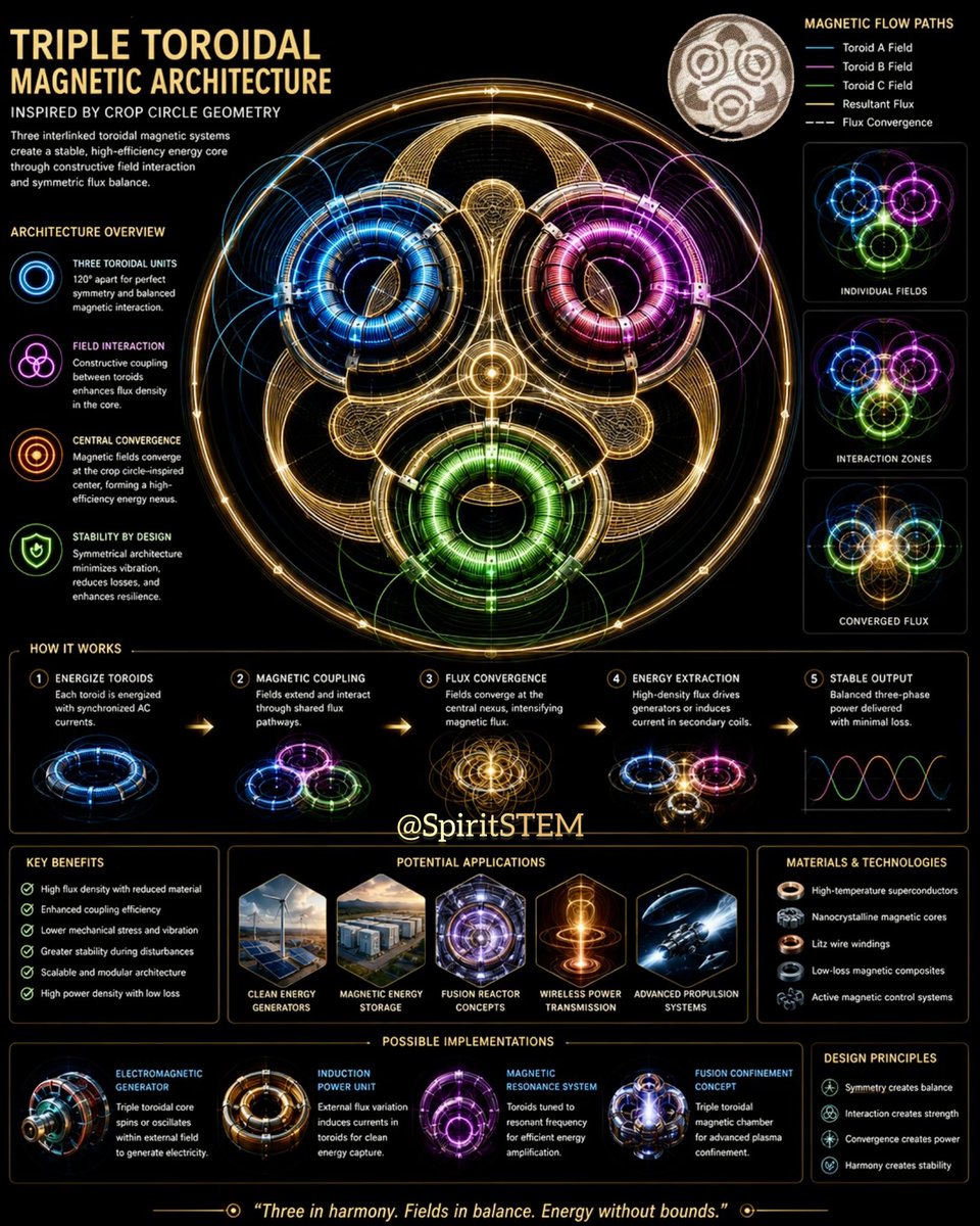 spiritstem_'s tweet photo. Crop circles 🌾🌀 arrive as 2D imprints of their higher dimensional forms ⟁◎ ⧉ 

The inner circles of the NEW crop circle are top-down views of toroidal geometry 

making it an excellent geometric blueprint for 3-phase magnetics ⚡️🧲 and clean energy ꩜ systems https://t.co/3javuuFWyP