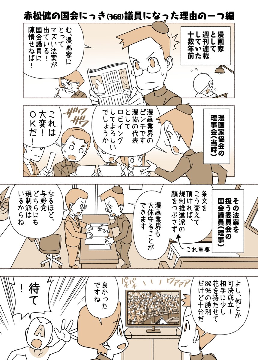 KenAkamatsu's tweet photo. ■赤松健の国会にっき （日曜に更新）
（３６８）議員になった理由の一つ 編
ボランティアでロビイングしてくれる人に、なかなか文句はつけづらいですよね。でもそういう状態は、あまり健全とは言えません。じゃあどうすれば良いのかというと・・・ https://t.co/yacGgqQb6V