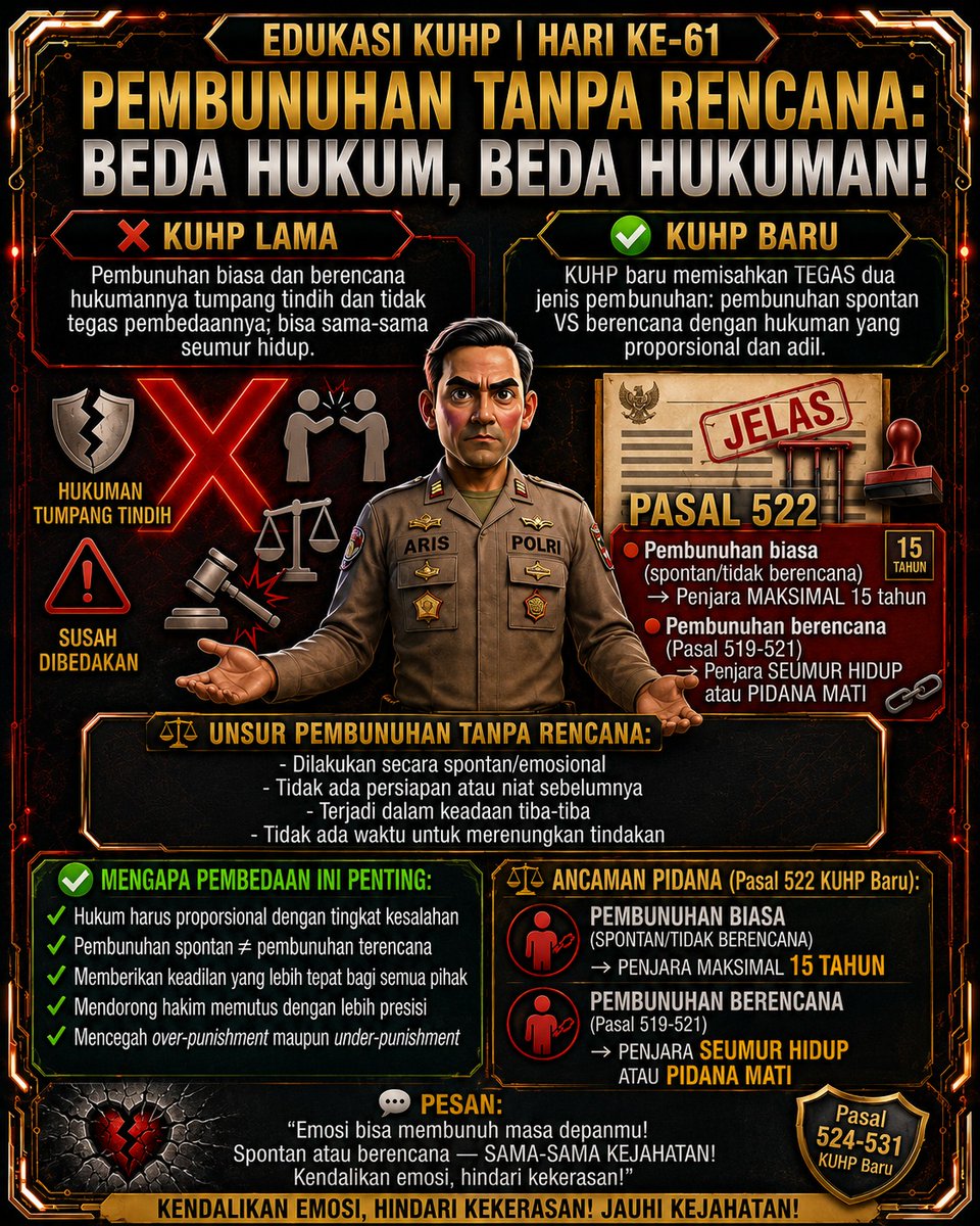 HumasResCiko's tweet photo. 📢 EDUKASI KUHP | HARI KE-61 📢

Pembunuhan Spontan: Tetap Dipenjara 15 Tahun! 😤⚖️💀

❌ DULU (KUHP lama):
"Pembunuhan biasa vs berencana? Hukum tumpang tindih!" 😤
Sering sulit membedakan hukuman untuk pembunuhan spontan dan berencana.

✅ KINI (KUHP baru):
"Spontan = 15 TAHUN! https://t.co/GXrrwHzadc