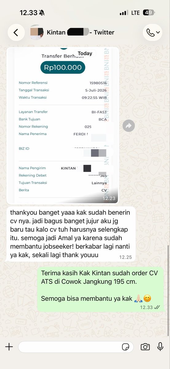 CowokJangkung's tweet photo. Terima kasih Kak Kintan, Customer ke-60 dari Twitter yang udah order Jasa CV ATS by @CowokJangkung 195 cm.
Semoga bisa membantu ya kak ππ»β¨
#TestimoniCVATS #CVATS #JasaCVATS #ApplicantTrackingSystem https://t.co/I28rp3a5Mf