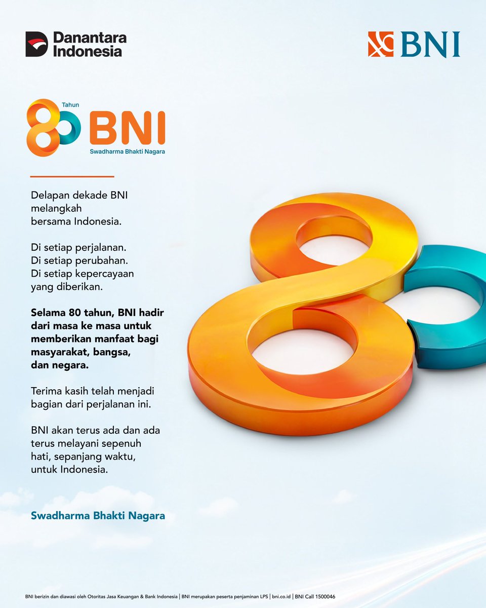 BNI's tweet photo. Dari masa ke masa,
BNI hadir dalam setiap langkah dan kepercayaan.

Dengan nilai Swadharma Bhakti Nagara

Semangat Seva dalam melayani, Karya dalam berkinerja, dan Raksa dalam menjaga

Kami terus berkomitmen Terus Ada dan Ada Terus untuk Indonesia

Terima kasih telah menjadi bagian dari perjalanan ini.

#BNI80 #BNIMelayani #SwadharmaBhaktiNagara #MelayaniSepenuhHati #BNI46