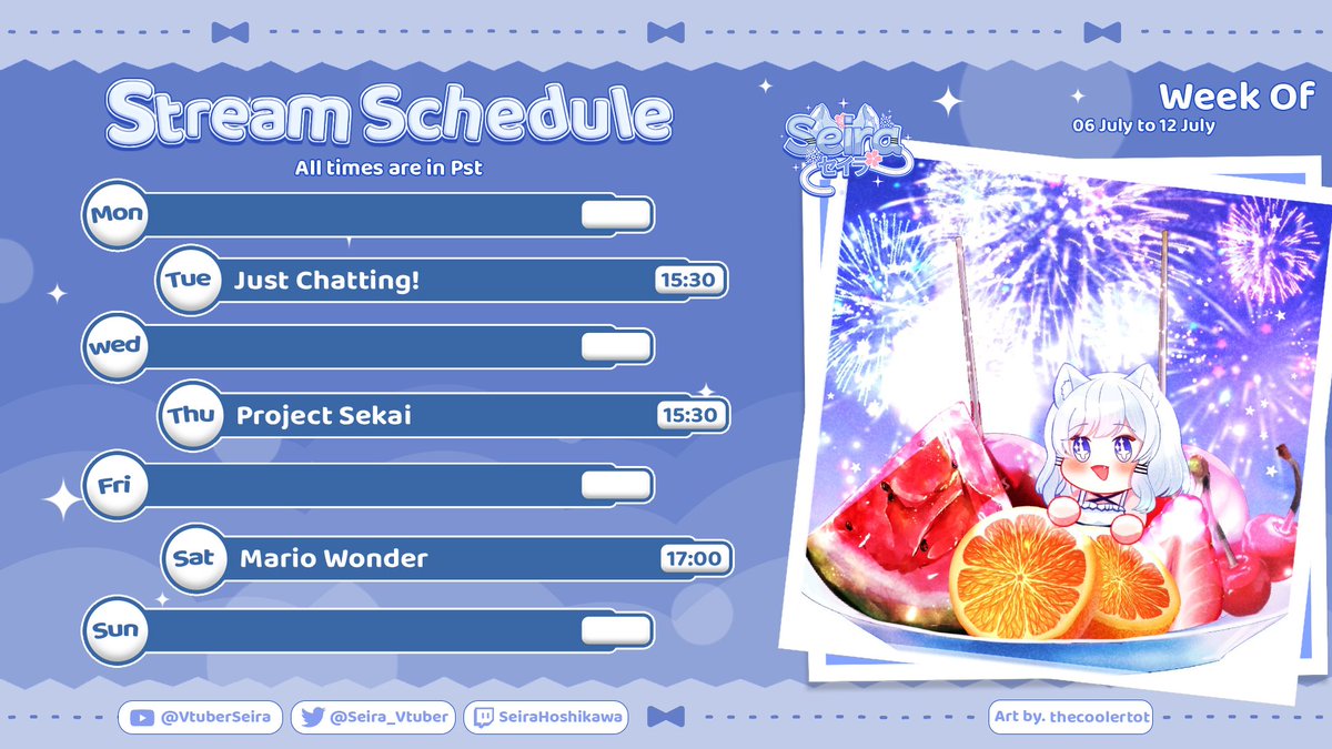 Seira_VTuber's tweet photo. Thank you for such a great week back!

Here's the schedule for next week! Hope to see yall there! https://t.co/tTW3grubkI
